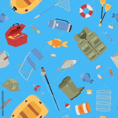 Fishing equipment with fishing rod, hooks, bait, fish and boat, fisher tools seamless pattern vector cartoon illustration. Fishing sport adventure background.