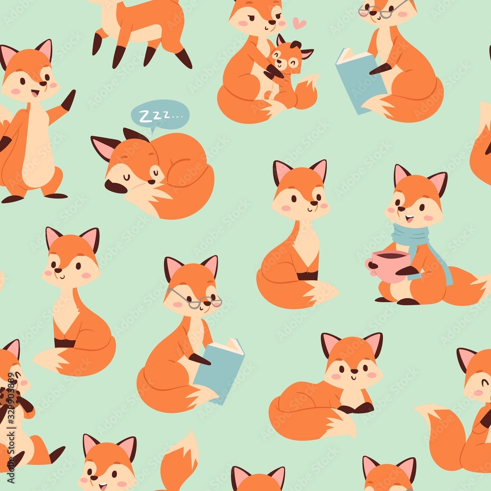 Cute fox seamless pattern with foxy endless background, texture, children s backdrop vector illustration. Funny foxes sitting, sleeping, palying and reading books. Cute fox seamless pattern with foxy endless background, texture, children s backdrop vector illustration. Funny foxes sitting, sleeping, palying and reading books.