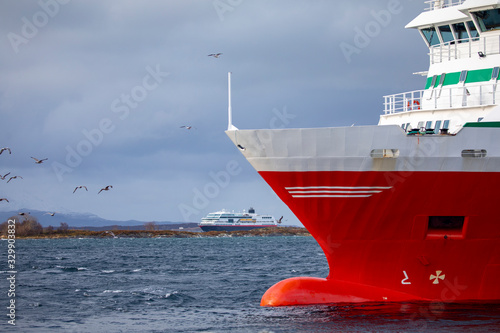 Coastal Cargo ship arrives Brønnøysundet in northern Norway