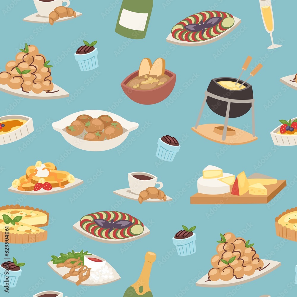 French cuisine seamless pattern, national menu of France food for restaurant vector illustration. Frenchman dishes with cheese, frog legs and gourmets cuisine background.