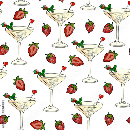 Glass with champagne, cocktail and strawberries. Festive seamless pattern. Background for birthday, party, valentines day.