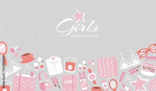 Girls accessories and cloths background with makeup, bags star, cosmetic, footwear and purses cartoon vector illustration poster. Girls accessories poster for beauty or cloths shop.