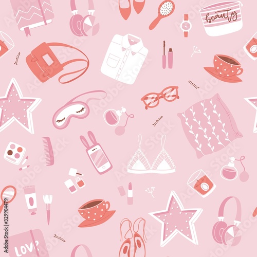 Girls accessories pink seamless patern with makeup, bags star, cosmetic, footwear and purses cartoon vector illustration. Girls accessories pink heart background for beauty shop wrapping.