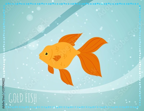 Gold fish with bubbles in sea water blurred background cartoon vector illustration. Tropical sea life underwater sea goldfish. Cute orange fish and water backdrop.