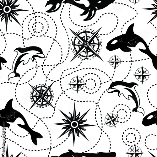 Whales, sea, abstract, fashion vector seamless pattern on white background. Concept for wallpaper, wrapping paper, cards 