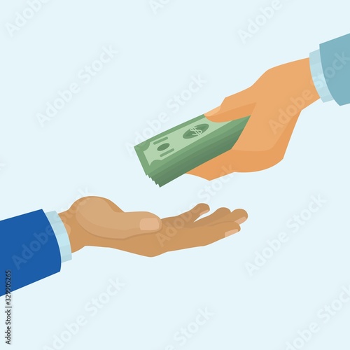 Money payment, banking concept with human hands giving and receiving money cartoon vector illustration. Money cash greenback dollars paying or giving donation.