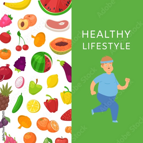 Fresh fruits diet and fitness running for fat people, healthy lifestyle, cardio, sport and low calories food vector illustration. Fitness and healthy diet poster with running fat man.