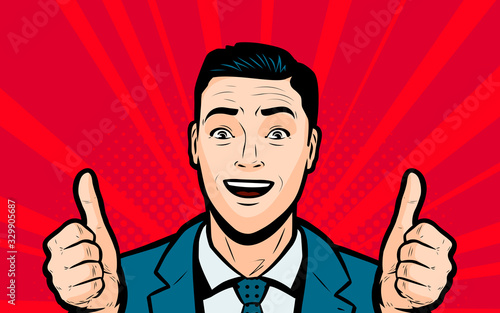 Happy businessman keeps his thumbs up. Retro comic pop art vector illustration
