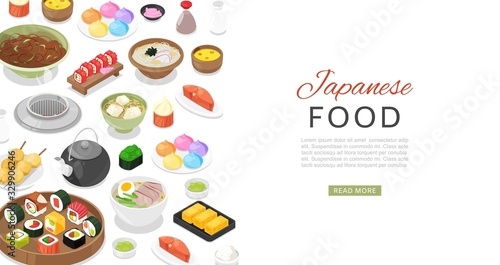 Japanese food with sushi rolls, fish, sashimi, noodle and miso soup banner cartoon vector illustration. Asian japanese food cuisine assortment for Japan restaurants menu.