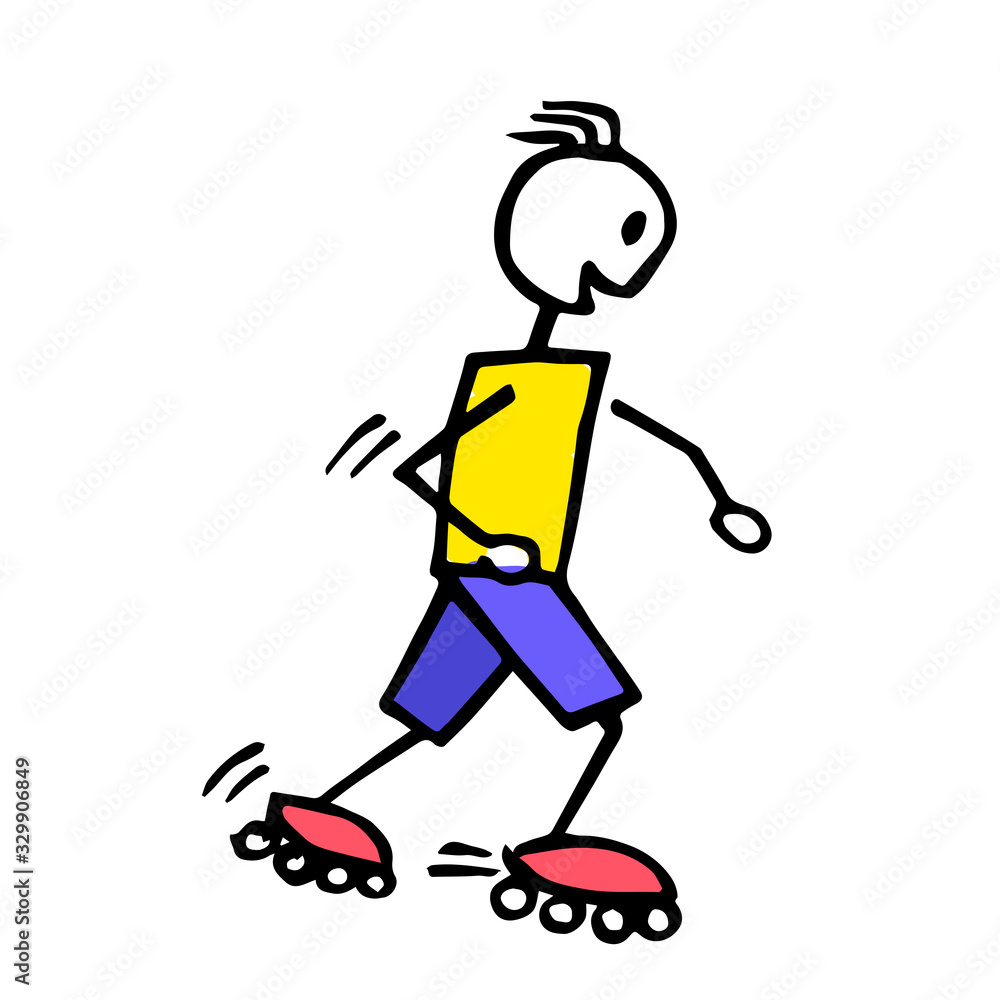 Happy stick figure in rollers enjoying his ride. Spring and summer time activities concept.