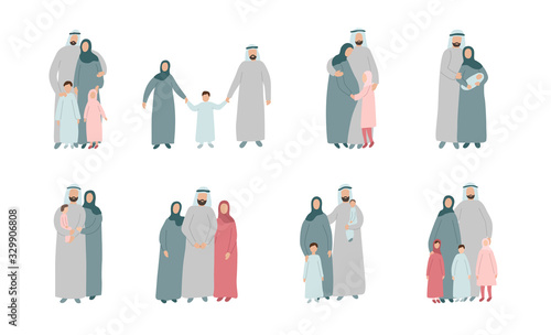 Set of different Muslim families. Arabian parents with kids in traditional islamic clothes. Cartoon vector characters isolated on white background