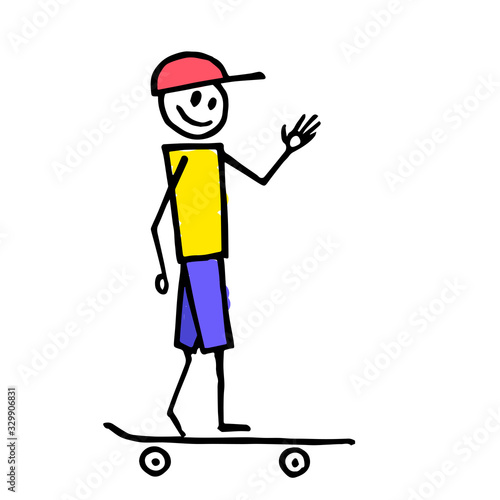 Happy stickman in cap riding his skate and waving hand. Sport lifestyle illustration.