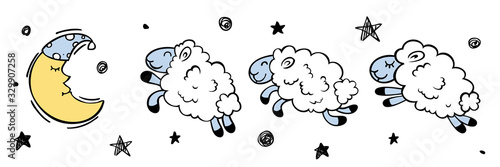 Crescent and sheep. Count the sheep before bedtime. Children's doodle illustration.