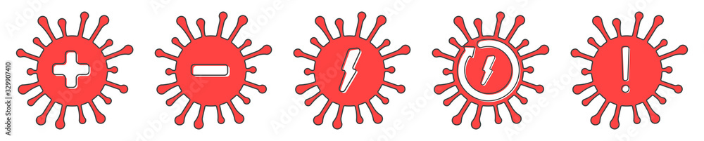 Obraz premium Coronavirus red flat icon set. infected 2019-ncov positive coronavirus test result. danger of reinfection, attention,prohibition. Stop covid-2019 and covid-2020