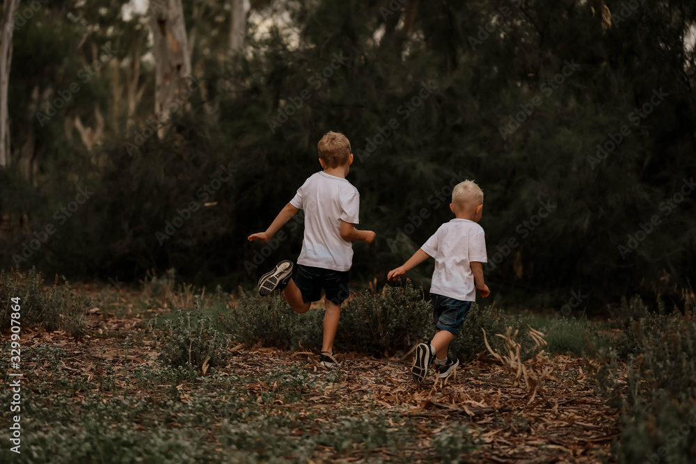 Fototapeta premium Two brothers running together through the bush