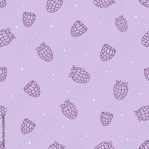 Dark hand drawn raspberries with white spots on purple background. Seamless fruit summer pattern. Good for packaging, textile.
