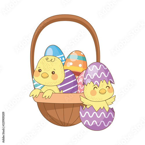 eggs painted easter in basket with little chick