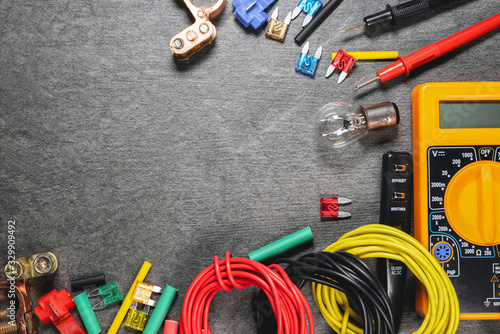 Fotografía Car electrical equipment on dark background with copy space.