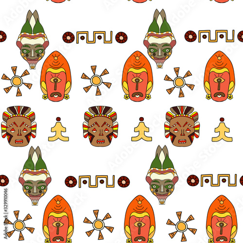 Seamless pattern with aztec, mayan or inca traditional  tribal masks. Hand drawn doodle style. 