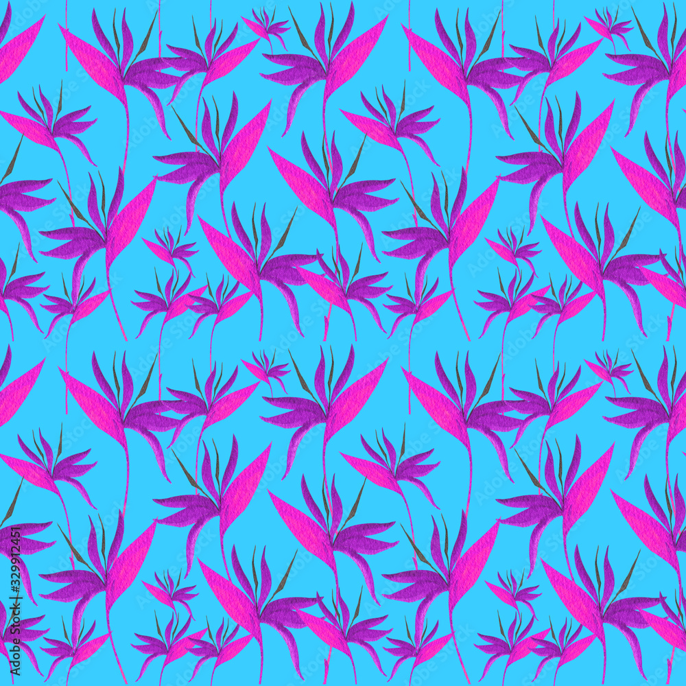 Watercolor seamless exotic pattern. bright pink tropical leaves on blue  background. Wildlife art illustration. Can be printed on T-shirts, bags, posters, invitations, cards. trend pattern