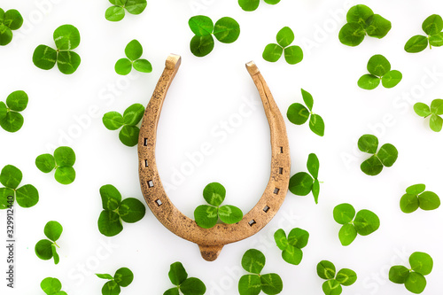 Success symbol. Holiday concept. Horseshoe with clovers leaves isolated on white. Greeting card.