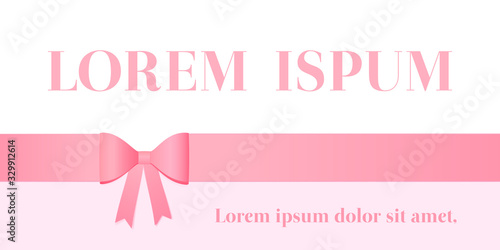 Pink bow on the stripe. Greeting card or banner with bow.