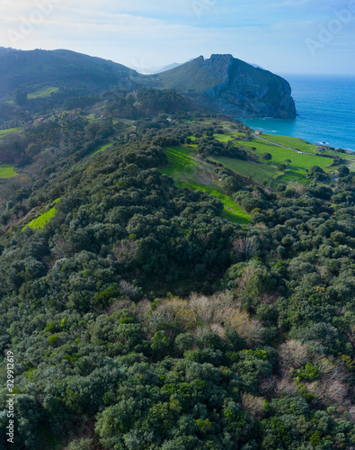 Aerial view of the countryside and the Cantabrian oak forest in the Liendo Valley, Liendo, Cantabrian Sea, Cantabria, Spain, Europe