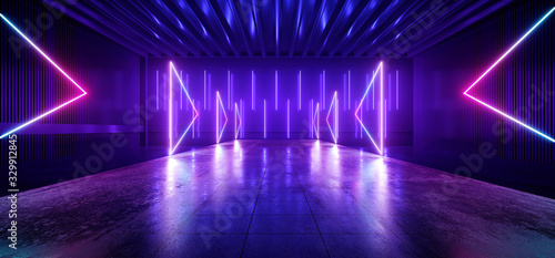 Wallpaper Mural Futurism Sci Fi Modern Alien Neon laser Vibrant Purple Blue Pantone Arrows Podium Stage Dance Fashion Concrete Catwalk Club Nigh 3D Rendering Torontodigital.ca