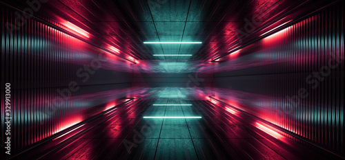 Sci Fi futuristic Neon Red Blue Concrete Garage Underground Cyber Virtual Lines Pillars Pantone Classic Spaceship Showroom 3D Rendering