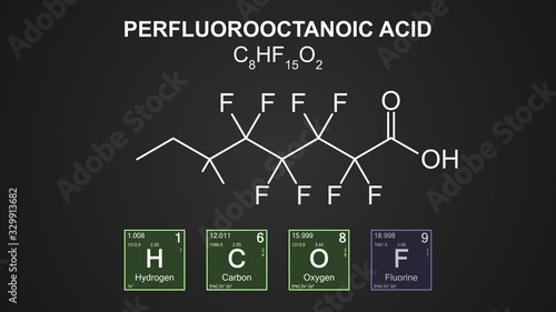 Animated skeletal formula for perfluorooctanoic acid (PFOA, C8) molecule, 4K