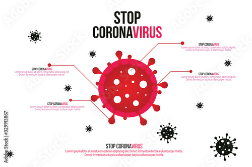 Sign caution coronavirus. Stop coronavirus. Coronavirus outbreak. Coronavirus danger and public health risk disease and flu outbreak. Pandemic medical concept with dangerous cells.Vector illustration