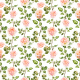 Watercolor floral seamless pattern with rose flowers and green leaves isolated on white background. Hand painted print for textile design and decoration.