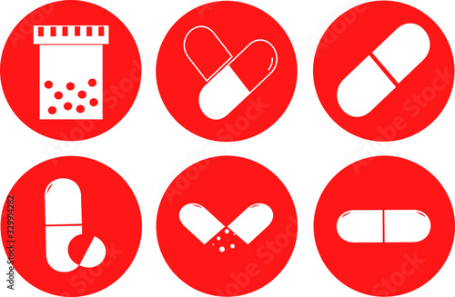 Medical pills icons set. Medicine, pharmacy, hospital set of drugs. Medication, pharmaceutics concept. Vector illustration. Drugs flat icons: pills, capsules, bottle.