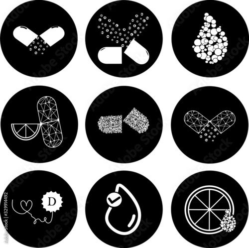 Set of essential vitamin and mineral complex. Vector creative design vitamin pills capsules. Multi vitamin complex icons. Multivitamin supplement, Vitamin logo. Diet Infographic poster science