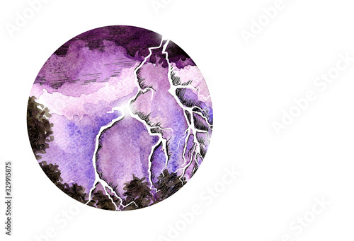  Lightning is drawn in a circle against the background of the night purple sky and trees. There is a place for your text. Drawing is drawn by watercolor paints, is isolated on a white background.