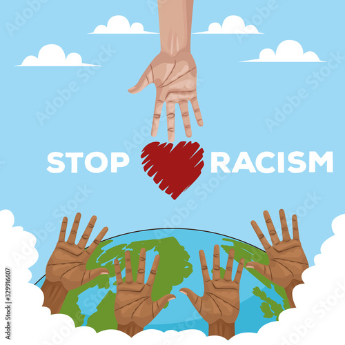 interracial hands with world planet stop racism campaign