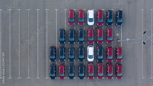 Car Dealer Logistics Center, new cars parked. Drone view.