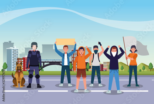 activists people protesting with riot police and dog