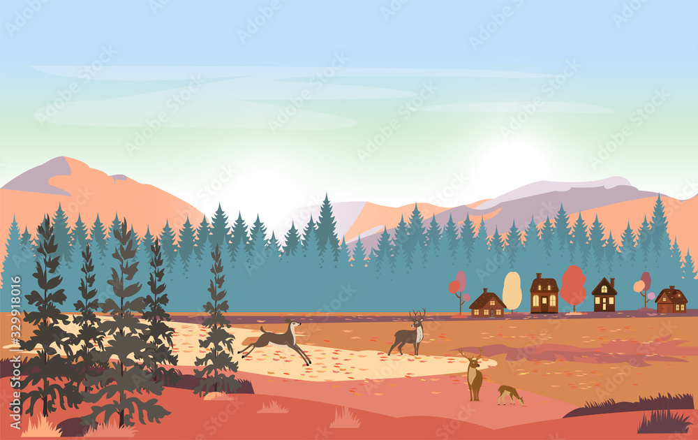 Vector background of a forest mountains wilderness landscape.