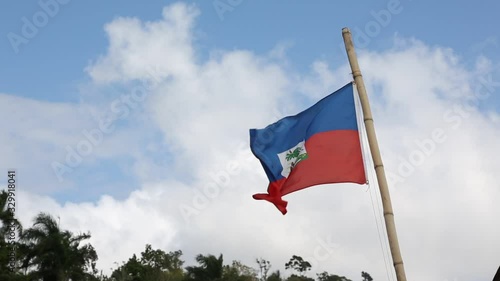 Haiti National Flag Blowing In Wind On Bamboo Pole