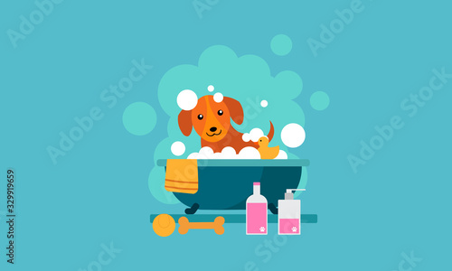Dog bathing in bathtub with soap and bubbles