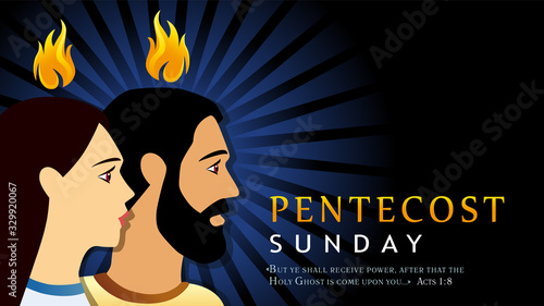 Pentecost Sunday card with man and women in flame. Template banner for Pentecost day as the Apostles praying with tongues of fire above them and text Acts 1:8. Vector illustration