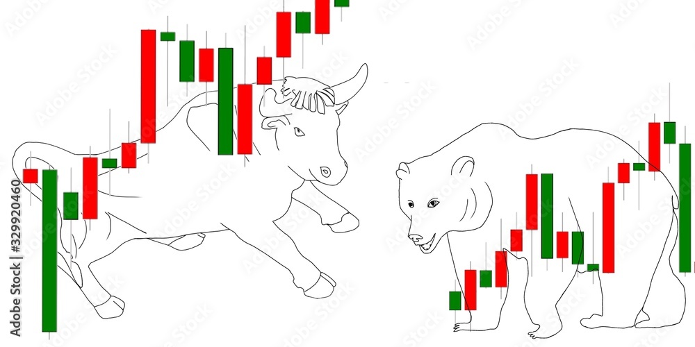 Bear and bull stock market fight banner, stock market illustration. Candlestick chart.