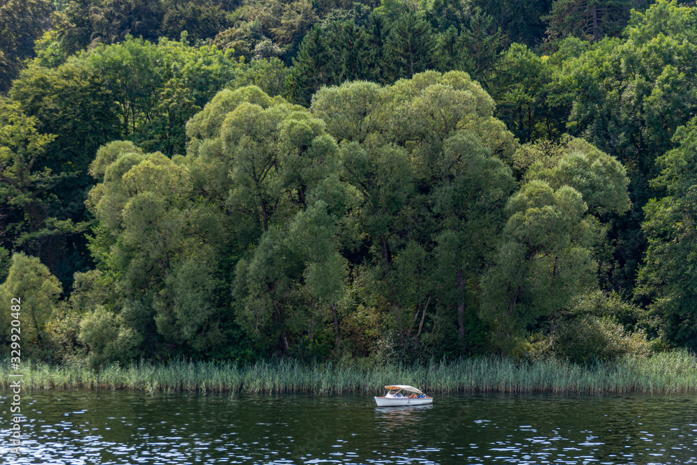 Tretboot auf einem Sommer vor üppigen Bäumen Tretboot auf einem Sommer vor üppigen Bäumen