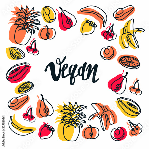 Vector template with tropical fruits and lettering, vegan food. Exotic fruit frame with place for text. Doodle style. Colorful vegan concept. Web banners design, posters, covers. Isolated on white.