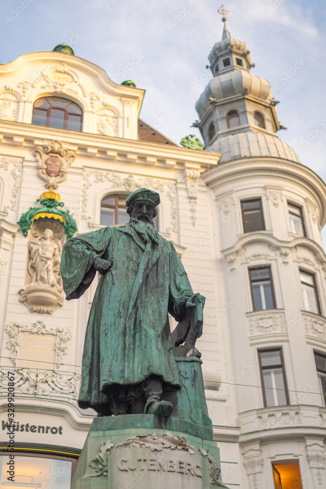 Johannes Gutenberg monument and the insurance company Wustenrot building in background