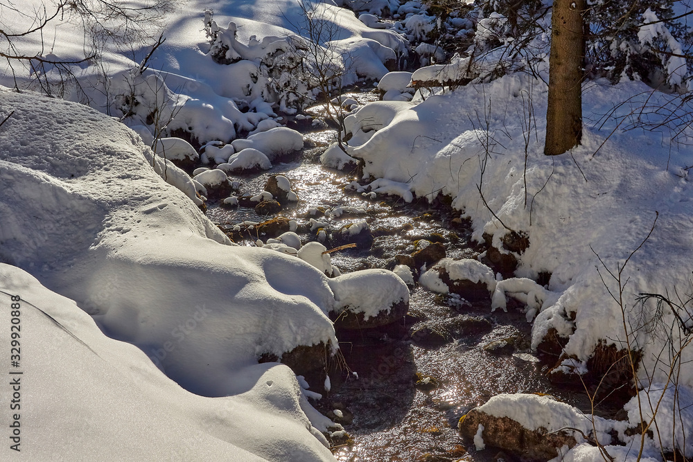Snow covering stones in Malolacki Stream (Małołącki Potok) in Mala Laka Valley (Dolina Małej Łąki) nearby Zakopane in Tatra mountains. Snow covering stones in Malolacki Stream (Małołącki Potok) in Mala Laka Valley (Dolina Małej Łąki) nearby Zakopane in Tatra mountains.