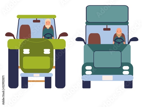 Funny people driving cars isolated on white background. Cute men in truck and tractor. Front view. Colorful vector illustration in flat cartoon style.
