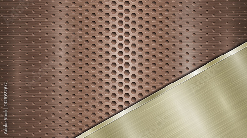 Background of bronze perforated metallic surface with holes and angled golden polished plate with a metal texture, glares and shiny edges