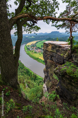 A rock and the river Elbe in Saxon Switzerland near Dresden